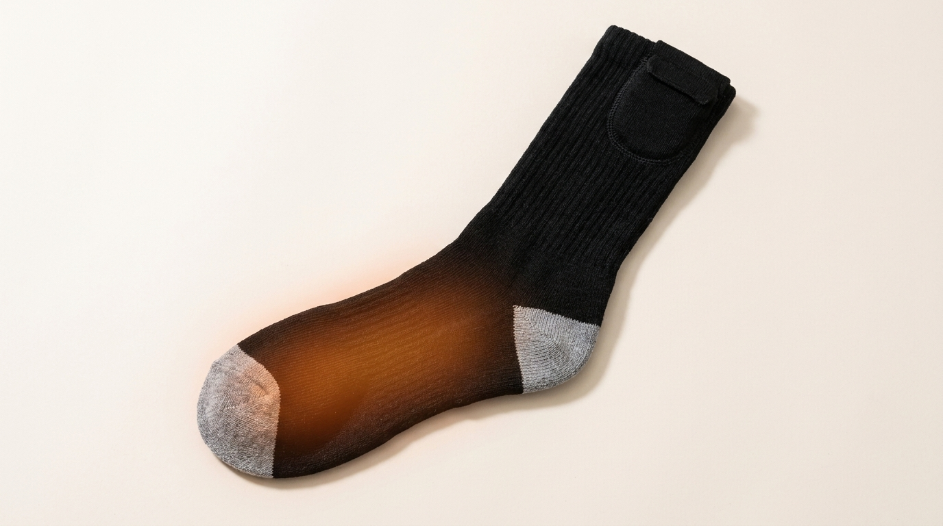 Heated sock laid flat with a glowing orange heat effect over the foot area