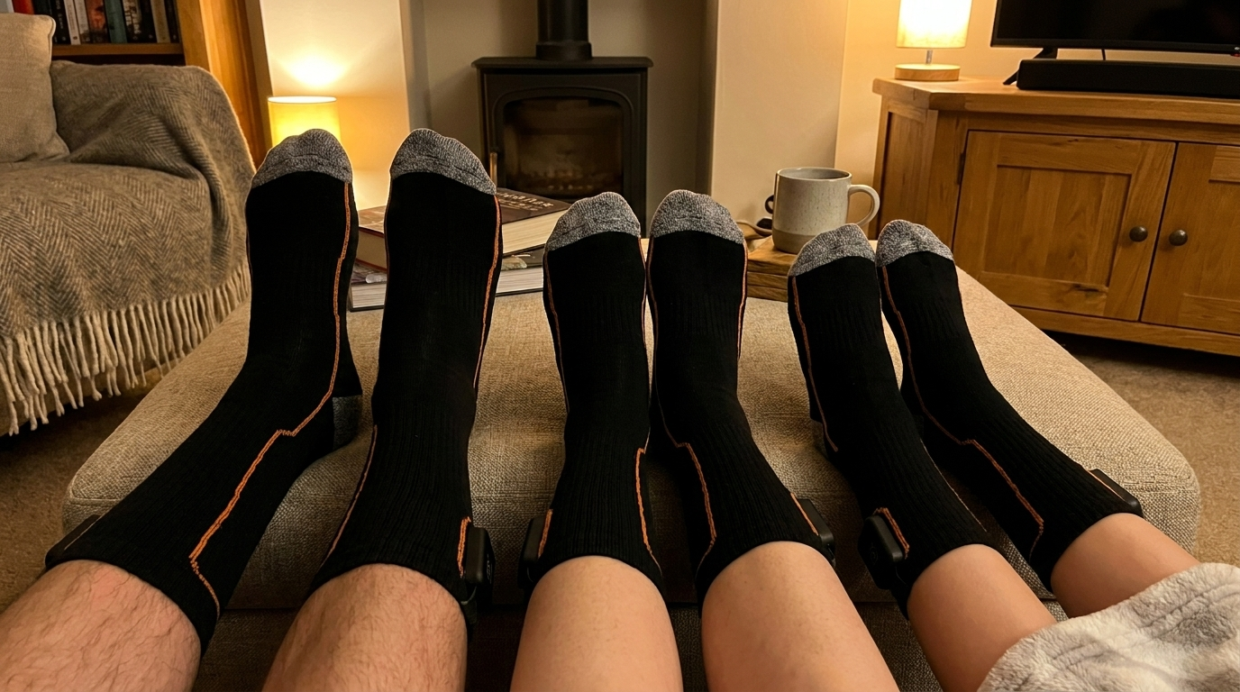 Three pairs of feet — two adults and a child — wearing the black heated socks, resting on an ottoman in a cozy living room with a wood stove