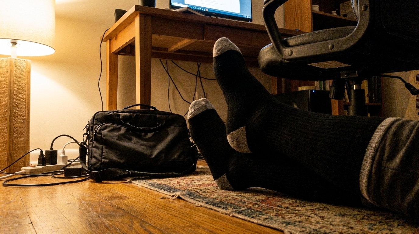 Feet in black heated socks resting on a rug in a home office, desk and chair in the background
