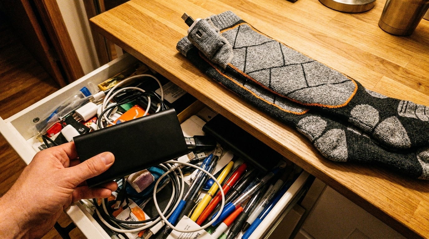 Hand holding a USB power bank next to heated socks with a battery pocket, on a wooden table