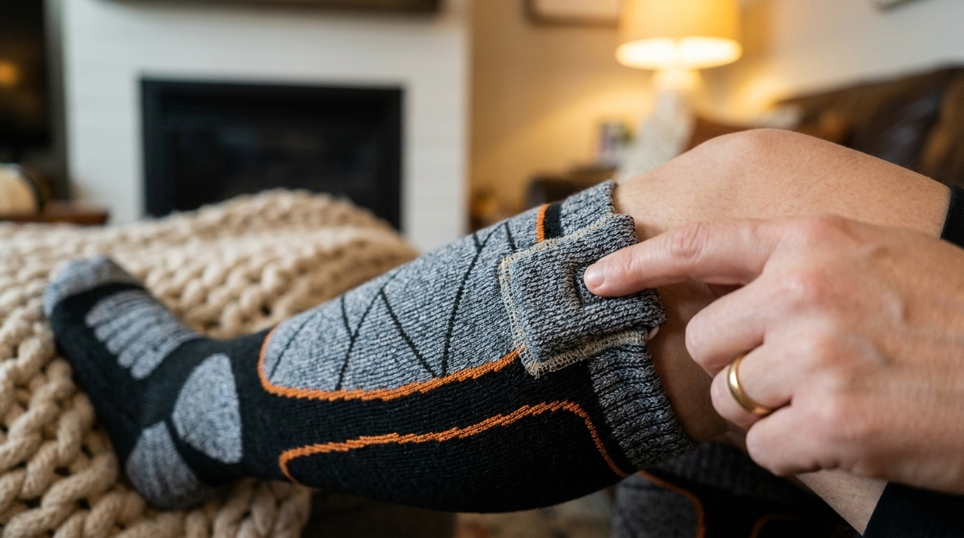 Hand pointing at the battery pocket on the cuff of a heated sock, indoors on a cream blanket