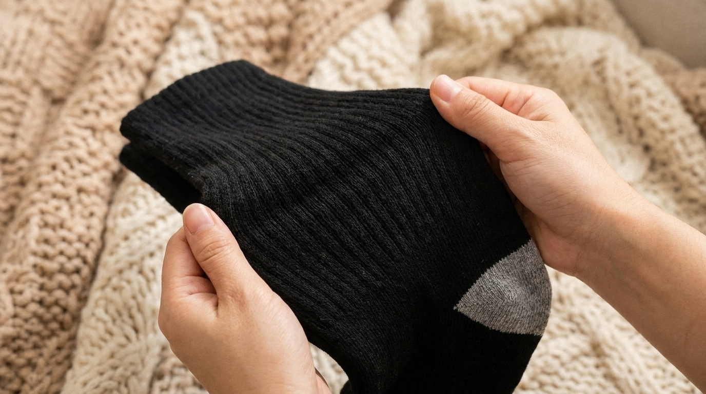 Two hands holding up the soft black ribbed knit fabric of a heated sock, close-up against chunky knit blankets