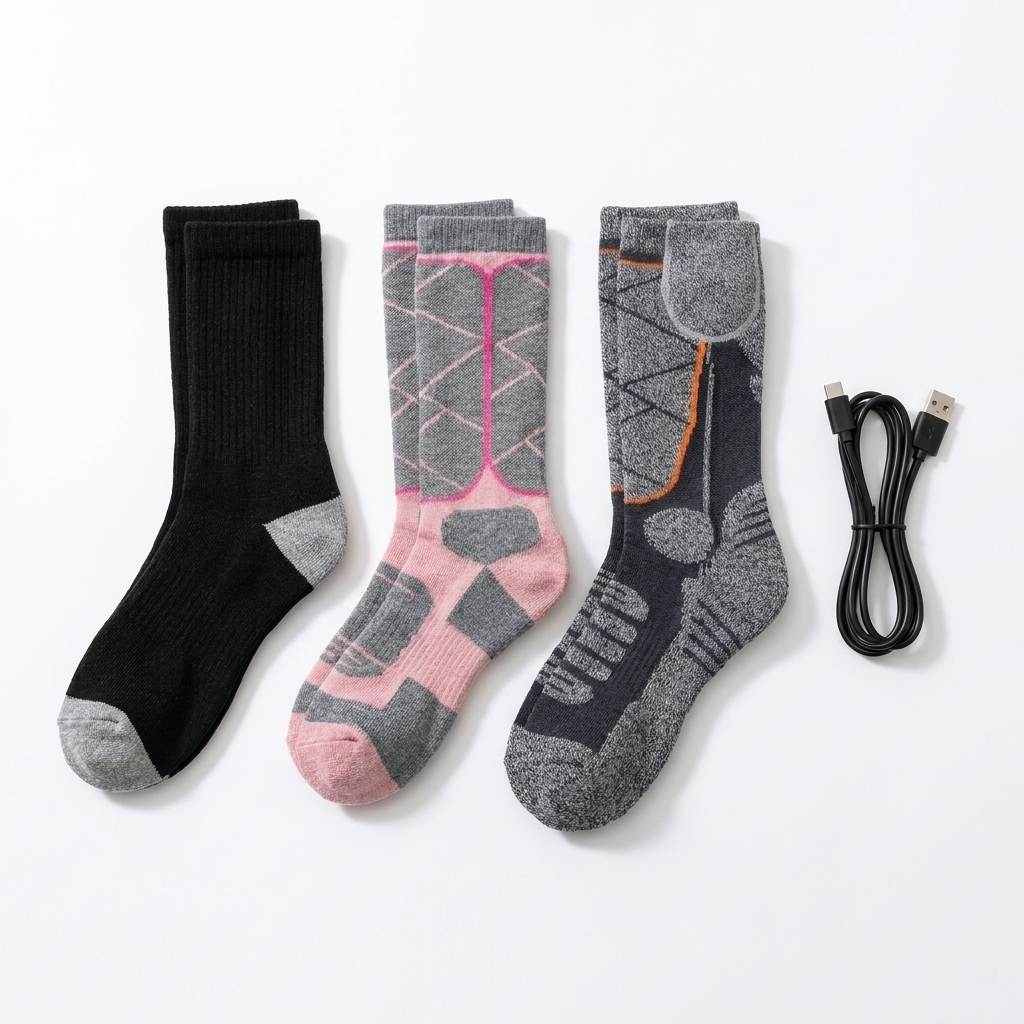 Three pairs of heated socks in black, pink and dark gray with a USB charging cable on a white background